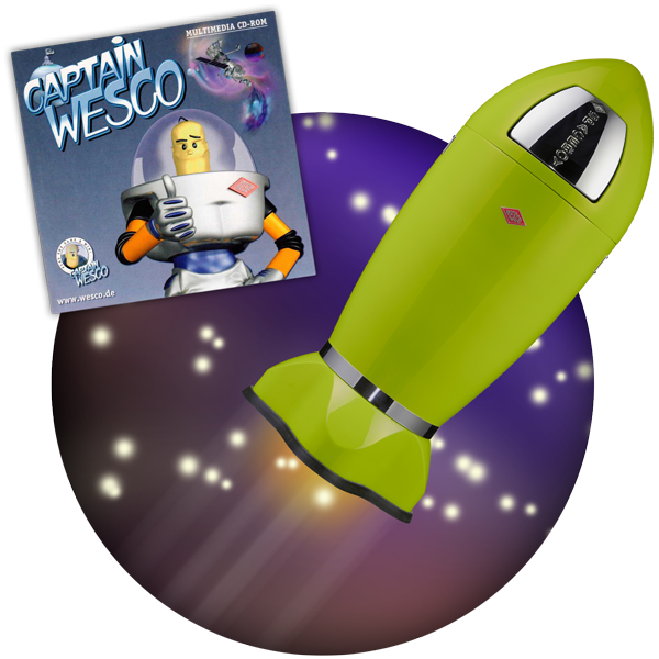 Raketenmülleimer Spaceboy mit Werbebild zur Captain Wesco Promotionaktion