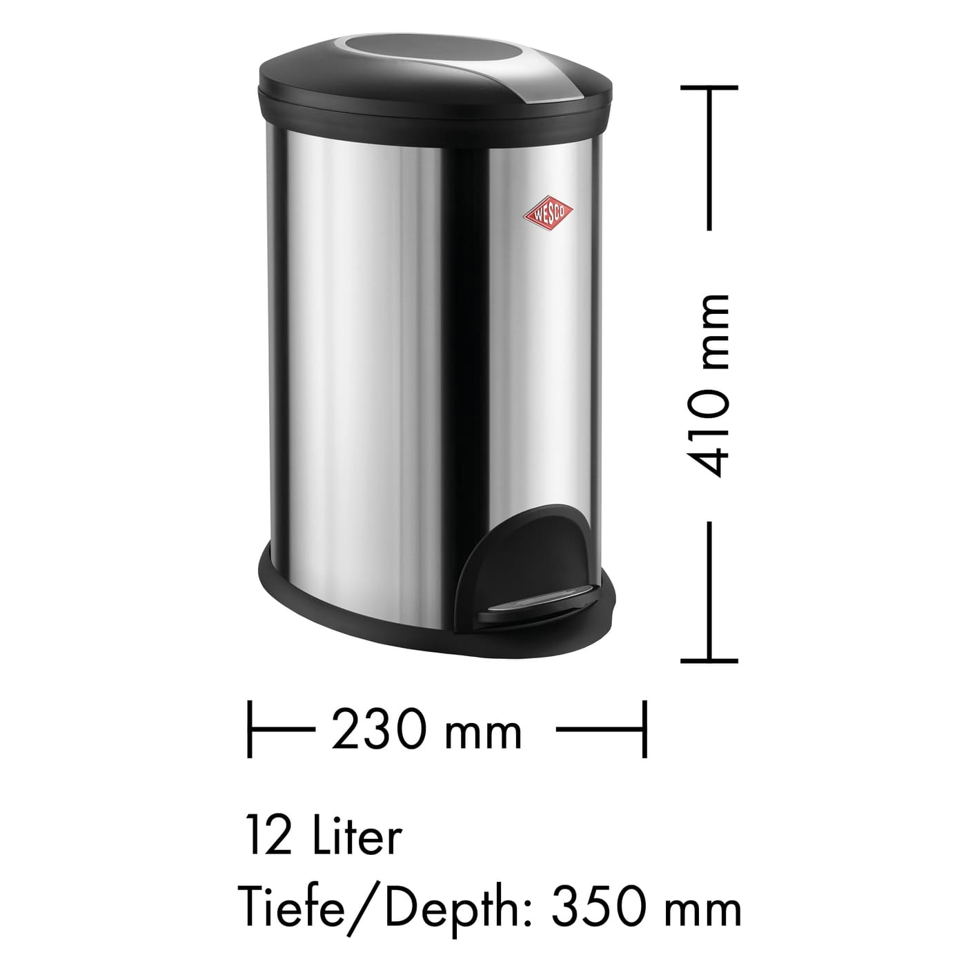 Abmessungen Ovaler Edelstahl Mülleimer mit Fusstritt und schwarzem Kunststoffdeckel. 12 Liter Fassungsvermögen
