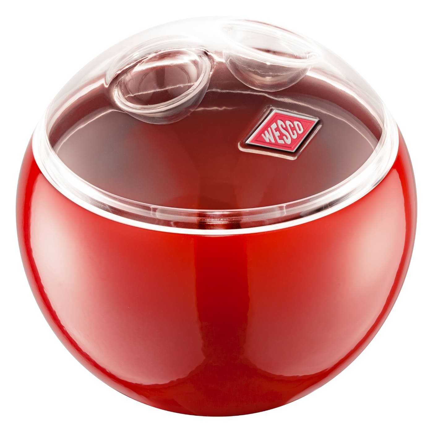 Kugelförmige kleine Vorratsdose mit durchsichtigen Acryldeckel in der Farbe Rot